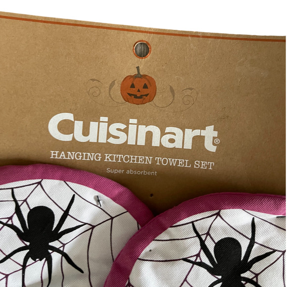 Cuisinart Pink Halloween Spider Web Print Set of 2 Hanging Kitchen Towel - Picture 2 of 3